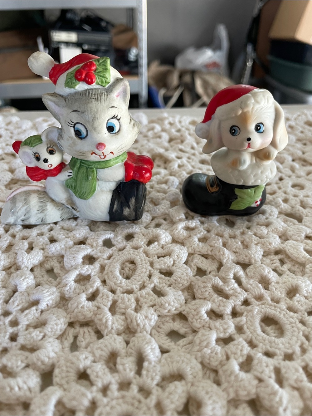 Holiday Ceramic Small Pet Figurine Set - dog in shoe Homco